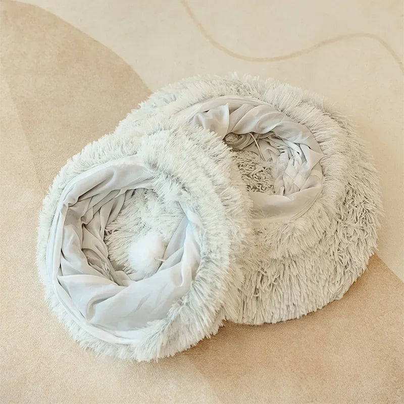 2 in 1 round Cat Beds House Funny Cat Tunnel Toy Soft Long Plush Dog Bed for Small Dogs Basket Kittens Bed Mat Kennel Winter